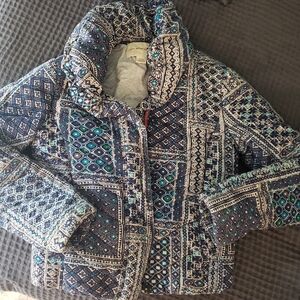 Pilcro And The Letterpress Blue and White Patterned Corduroy Bohemian Jacket